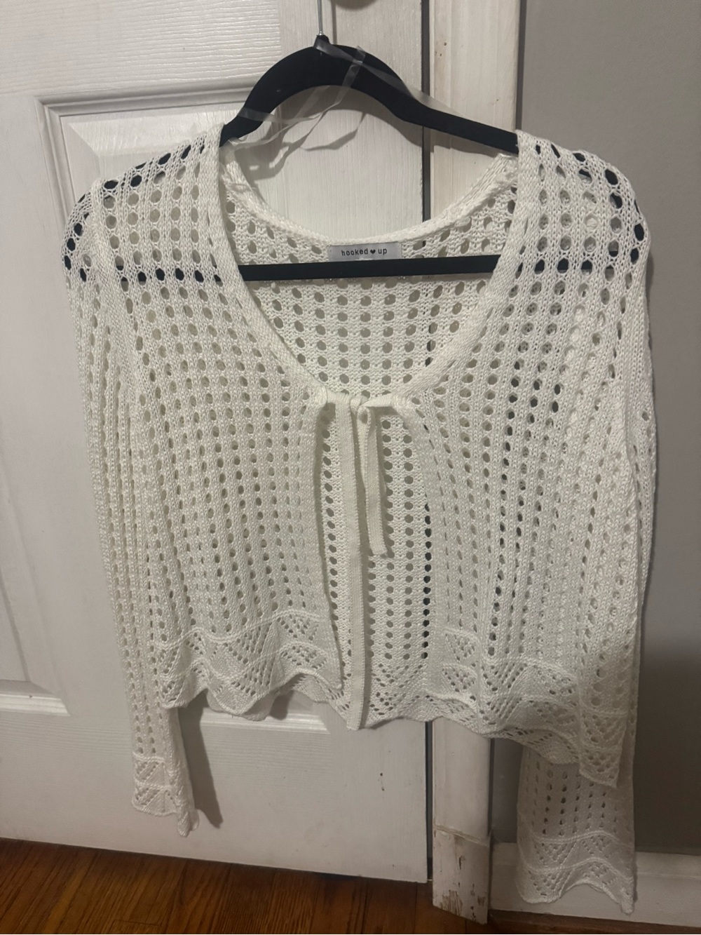 Hooked Up White Crochet Tie-Front Cardigan Sz M Boho Fairy Grunge Y2K